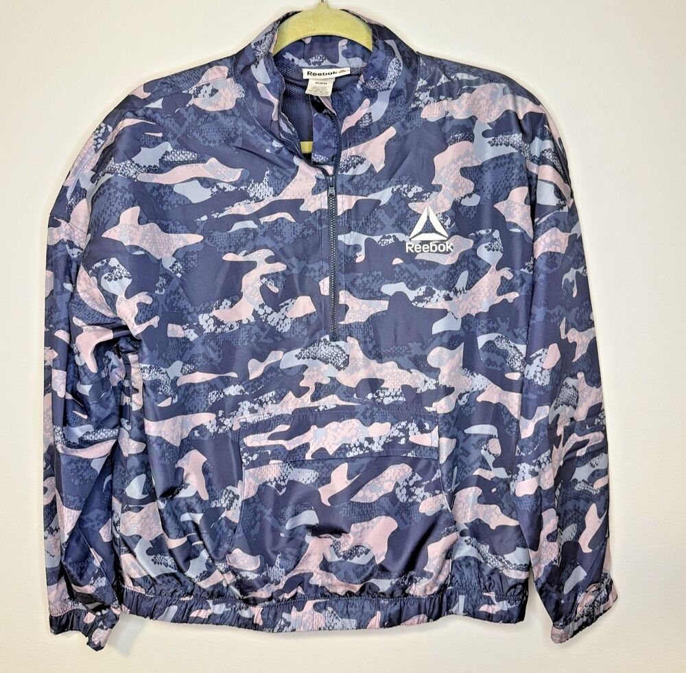 Reebok Windbreaker Blue Pink Camo 1/2 Zip Womens Jacket Coat Sz Medium